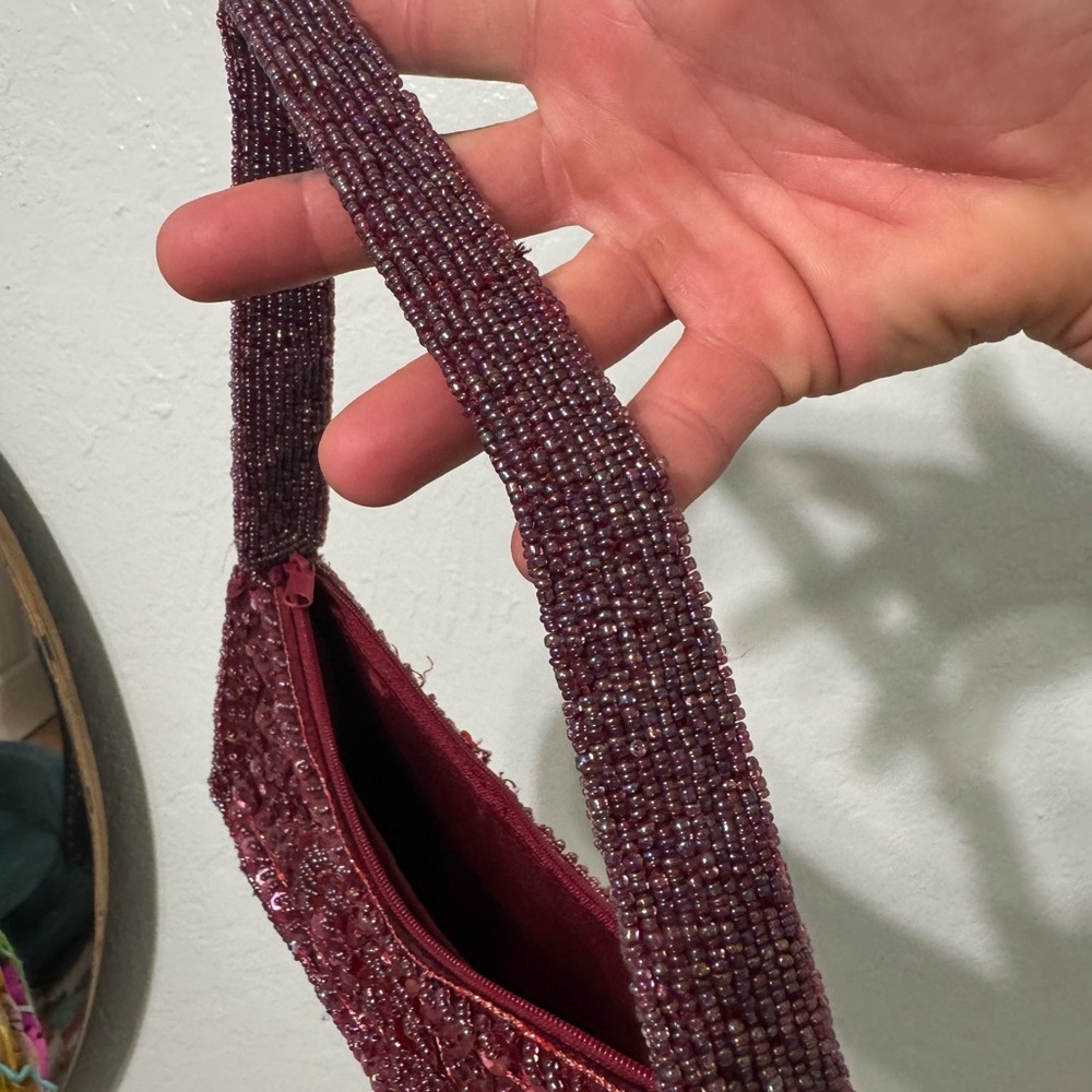 Vintage Y2K Burgandy Beaded & Sequined Hand Bag Made in India By Purva Zip Top - Picture 7 of 13